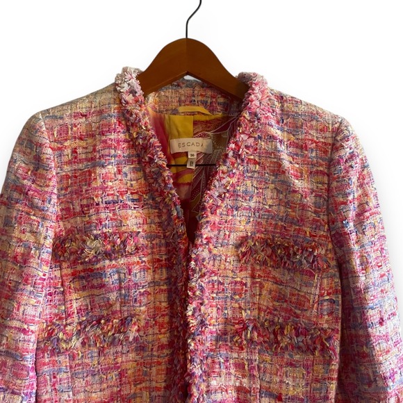 Escada Tweed Jacket Multi Color Fringe Wool Blend Blazer Sz 36 Small Silk Lining - Picture 2 of 6